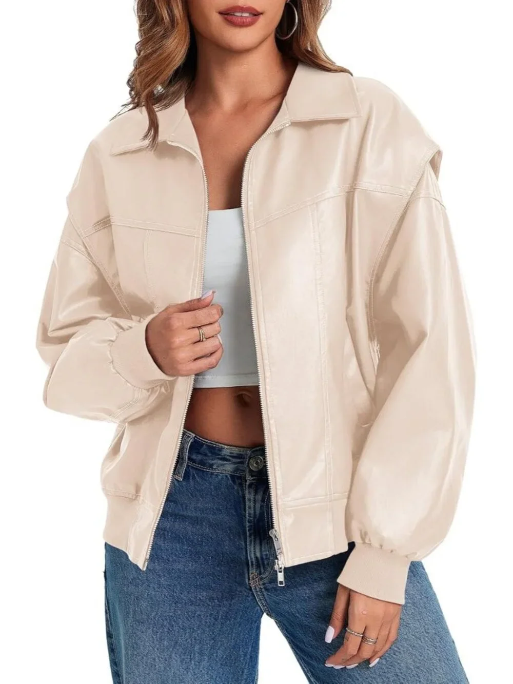 Women's Apricot Oversized Faux Leather Bomber Jacket Motorcycle ZIP Up Coat